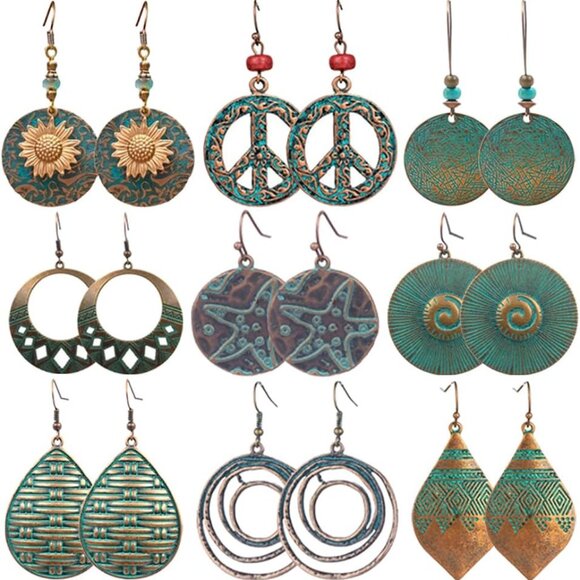 Jewelry - 9 Pairs Boho Vintage Zinc Drop Dangle Earrings for Women Multi Style